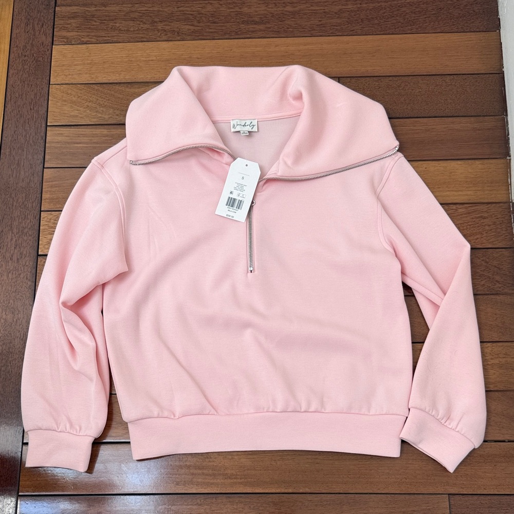 NWT Wonderly Lush Light Pink Half-Zip Funnel Neck Zip Up Top S